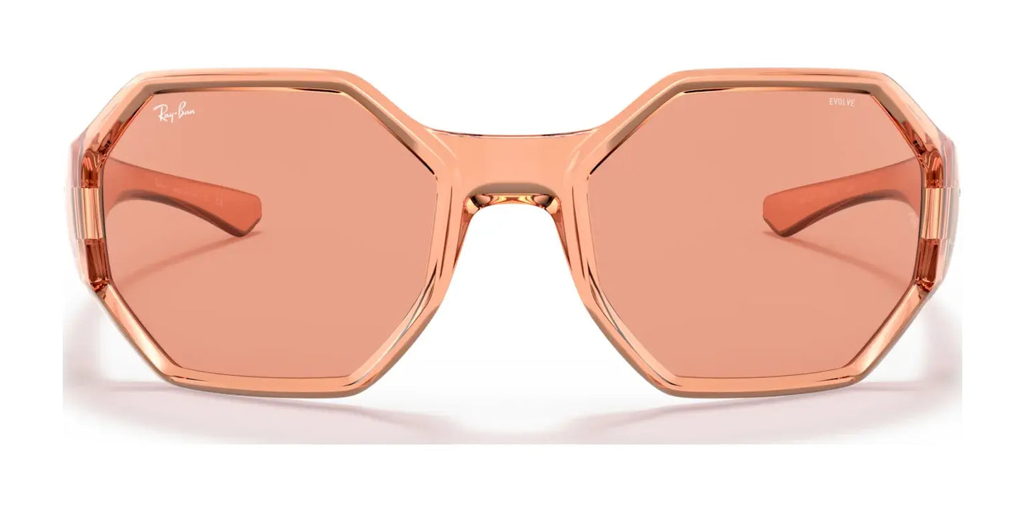 Ray-Ban RB4337 Sunglasses | Size 59 feature a stylish octagonal shape in a peach tint, with a thin angular frame and branding on the top left lens, offering high-performance UV protection for fashion-conscious individuals.