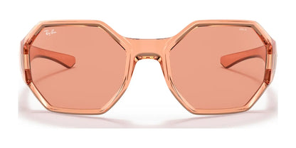 Ray-Ban RB4337 Sunglasses | Size 59 feature a stylish octagonal shape in a peach tint, with a thin angular frame and branding on the top left lens, offering high-performance UV protection for fashion-conscious individuals.