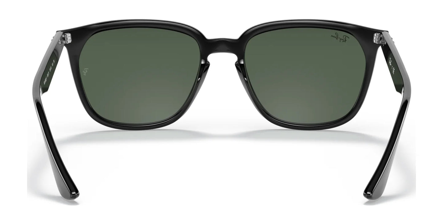 The Ray-Ban RB4362F Sunglasses in Size 55 showcase a minimal squared shape with black rectangular frames and high-quality dark green lenses, pictured from the front.