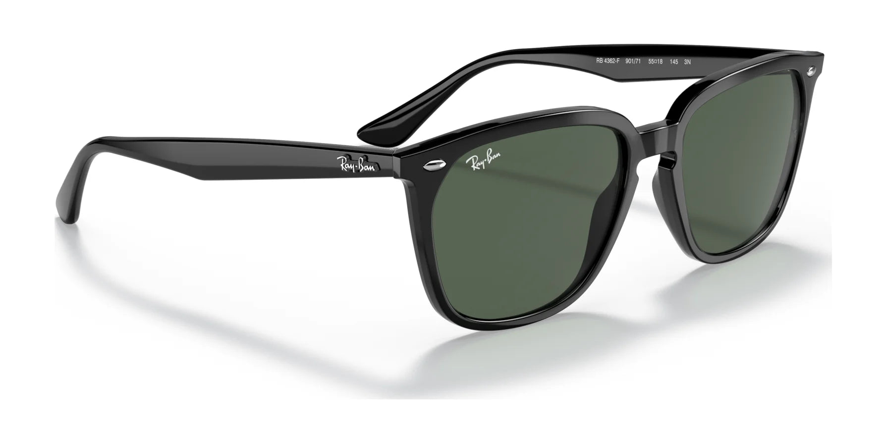 The Ray-Ban RB4362F Sunglasses in size 55 feature a minimal squared shape design with black wayfarer frames, high-quality green lenses, and subtle branding on the temples and lenses. These stylish sunglasses rest elegantly on a white surface.