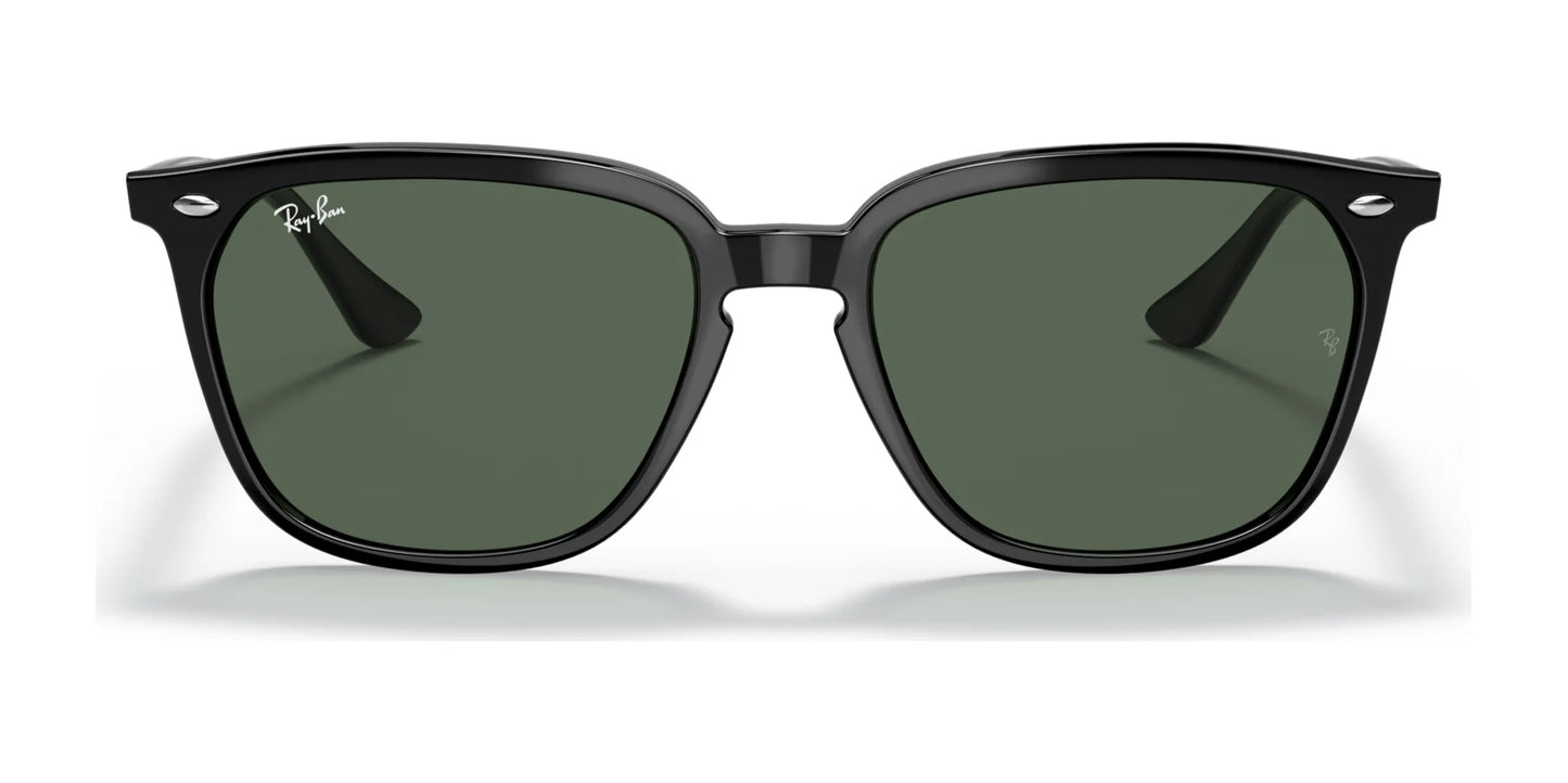 The Ray-Ban RB4362F Sunglasses, size 55, feature a black frame with dark green, high-quality lenses and are displayed against a white background. Their minimal squared shape adds a touch of sophistication to any look.