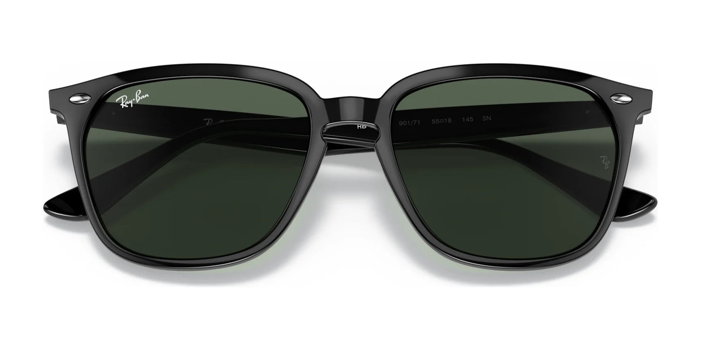 Front view of Ray-Ban RB4362F Sunglasses in black, featuring dark green, high-quality lenses and a minimal squared shape, set against a white background.