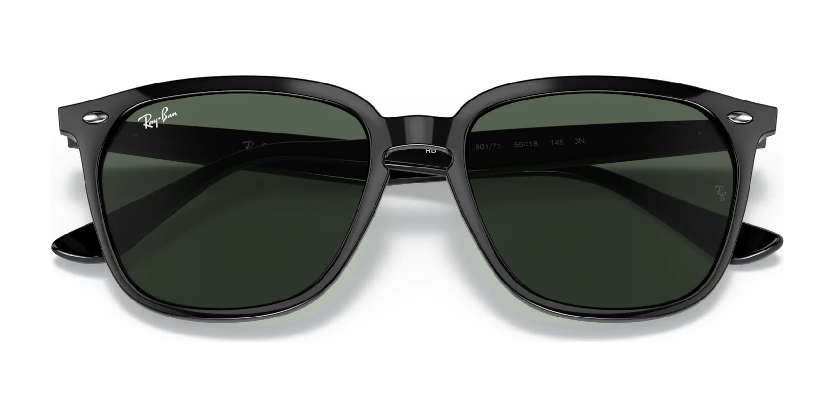 Front view of Ray-Ban RB4362F Sunglasses in black, featuring dark green, high-quality lenses and a minimal squared shape, set against a white background.