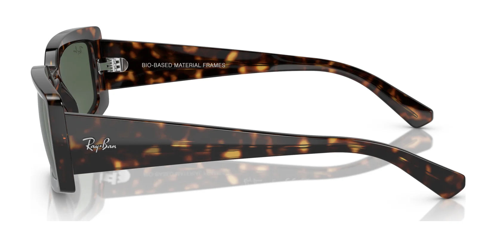 Side view of tortoiseshell-patterned Ray-Ban KILIANE RB4395 Sunglasses (Size 54) featuring "Bio-Based Material Frames" inside the arm, crafted from sustainable bio-based acetate with UV protection.