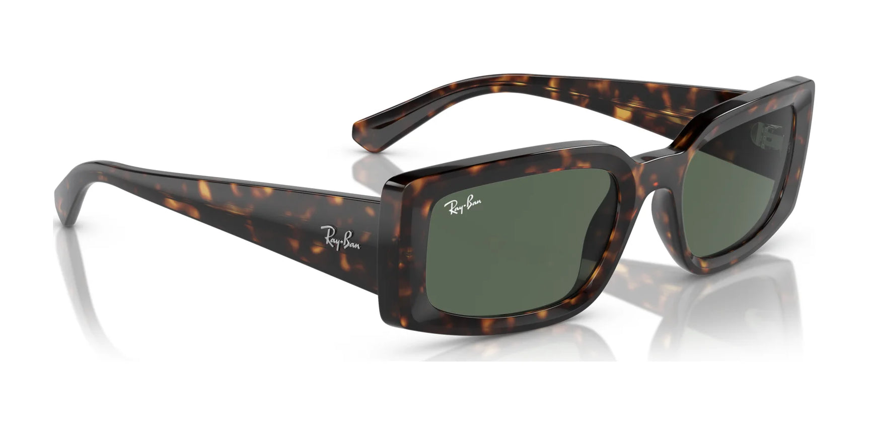 Ray-Ban KILIANE RB4395 tortoise-shell sunglasses in size 54 feature chic green reflective lenses and are made from eco-friendly bio-based acetate, offering stylish UV protection.