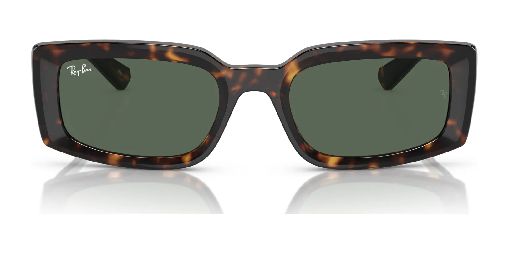 Ray-Ban KILIANE RB4395 Sunglasses, crafted from bio-based acetate with a rectangular tortoiseshell frame and dark green lenses, provide stylish UV protection.