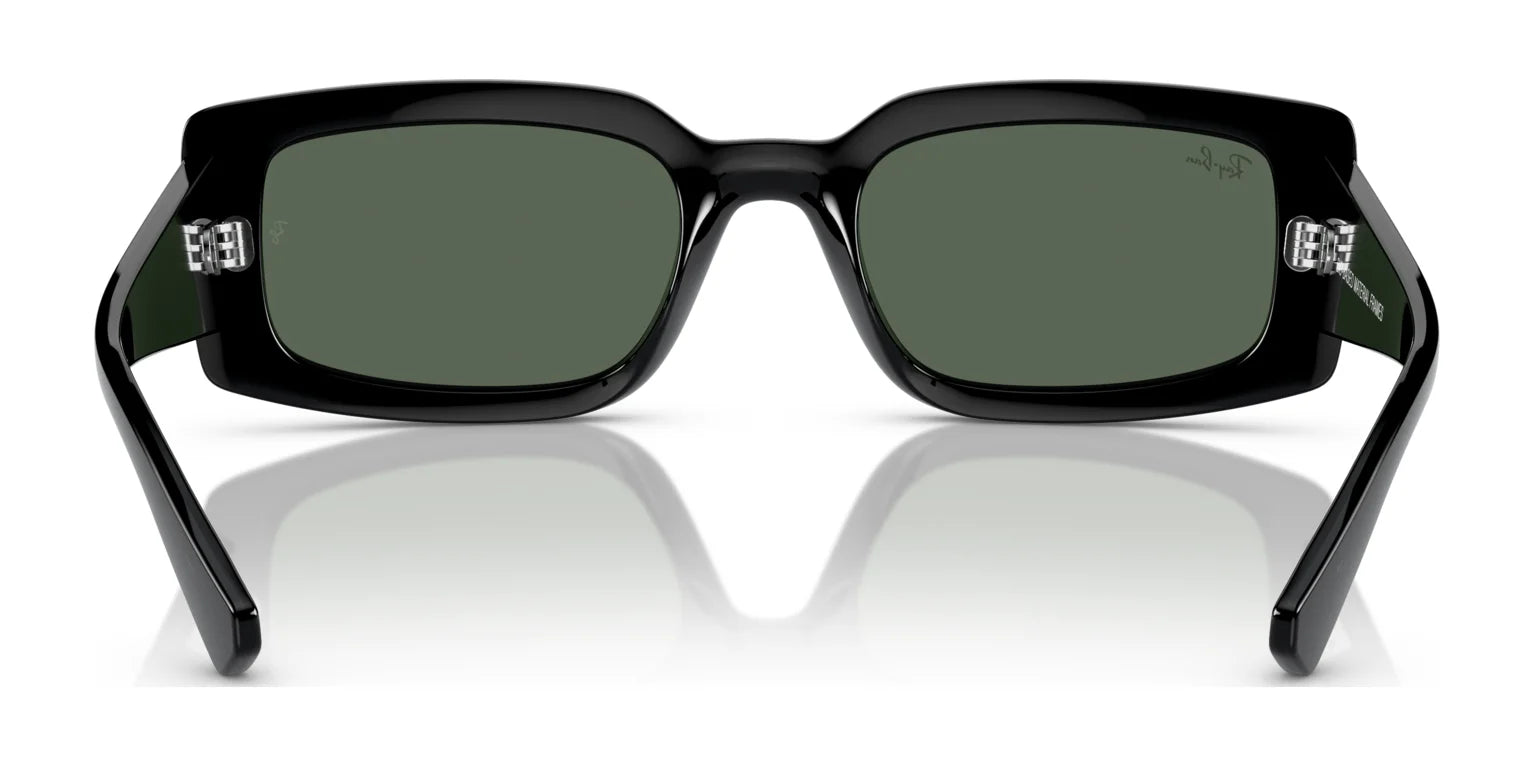 The Ray-Ban KILIANE RB4395 sunglasses, size 54, flaunt a sleek rectangular design in bio-based acetate with UV-protective dark lenses, showcased frontally on a reflective white surface.