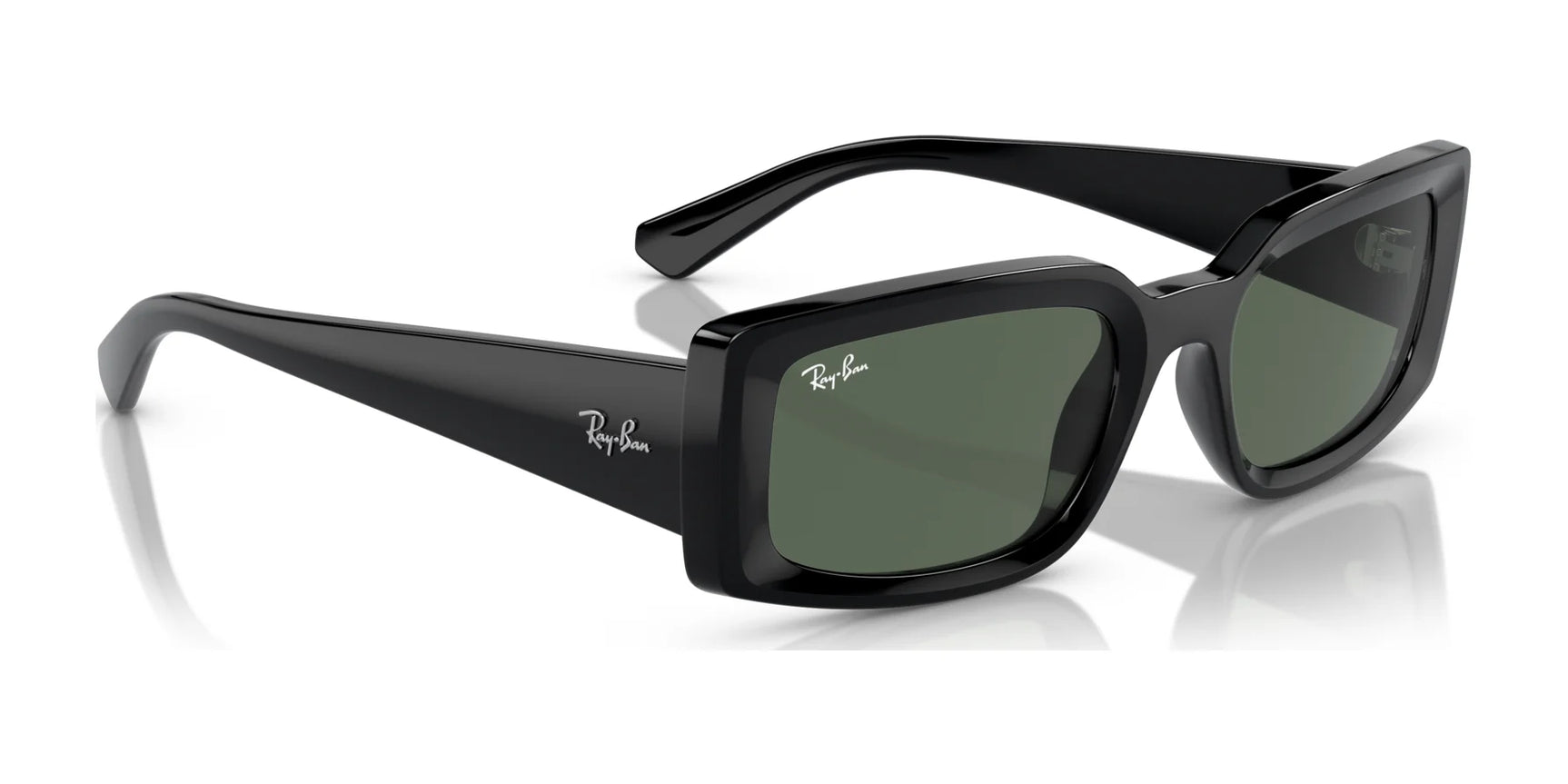 The Ray-Ban KILIANE RB4395 Sunglasses in Size 54 are stylish black rectangular frames made from bio-based acetate. They offer UV protection with dark lenses and display the iconic Ray-Ban logo on the temples and lens corners, merging fashion with sustainability.