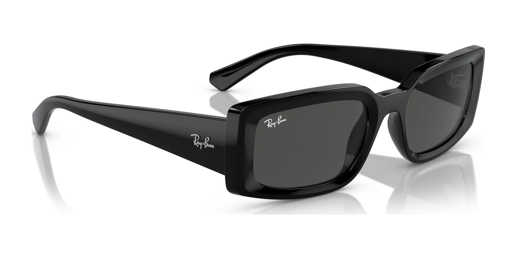 The Ray-Ban KILIANE RB4395 Sunglasses in size 54 feature a stylish black rectangular frame made from bio-based acetate, dark lenses for optimal UV protection, and the iconic logo on the temples for an eco-friendly, fashionable look.