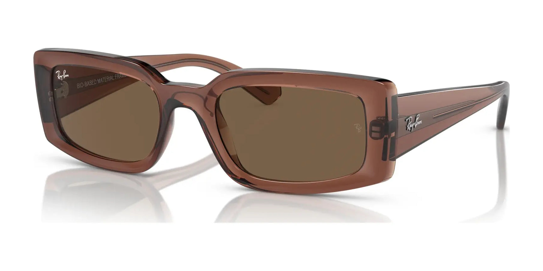 The Ray-Ban KILIANE RB4395 Sunglasses in Transparent Brown №667873 feature stylish bio-based acetate rectangular frames with tinted lenses, UV protection, and a signature logo on the temple.