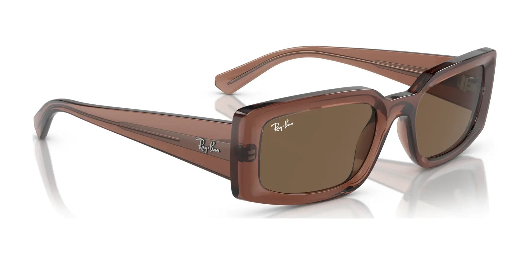 Stylish Ray-Ban KILIANE RB4395 sunglasses in brown feature a rectangular shape, crafted from bio-based acetate, tinted lenses with UV protection, and the iconic Ray-Ban logo on the temples and lens corner; available in size 54.