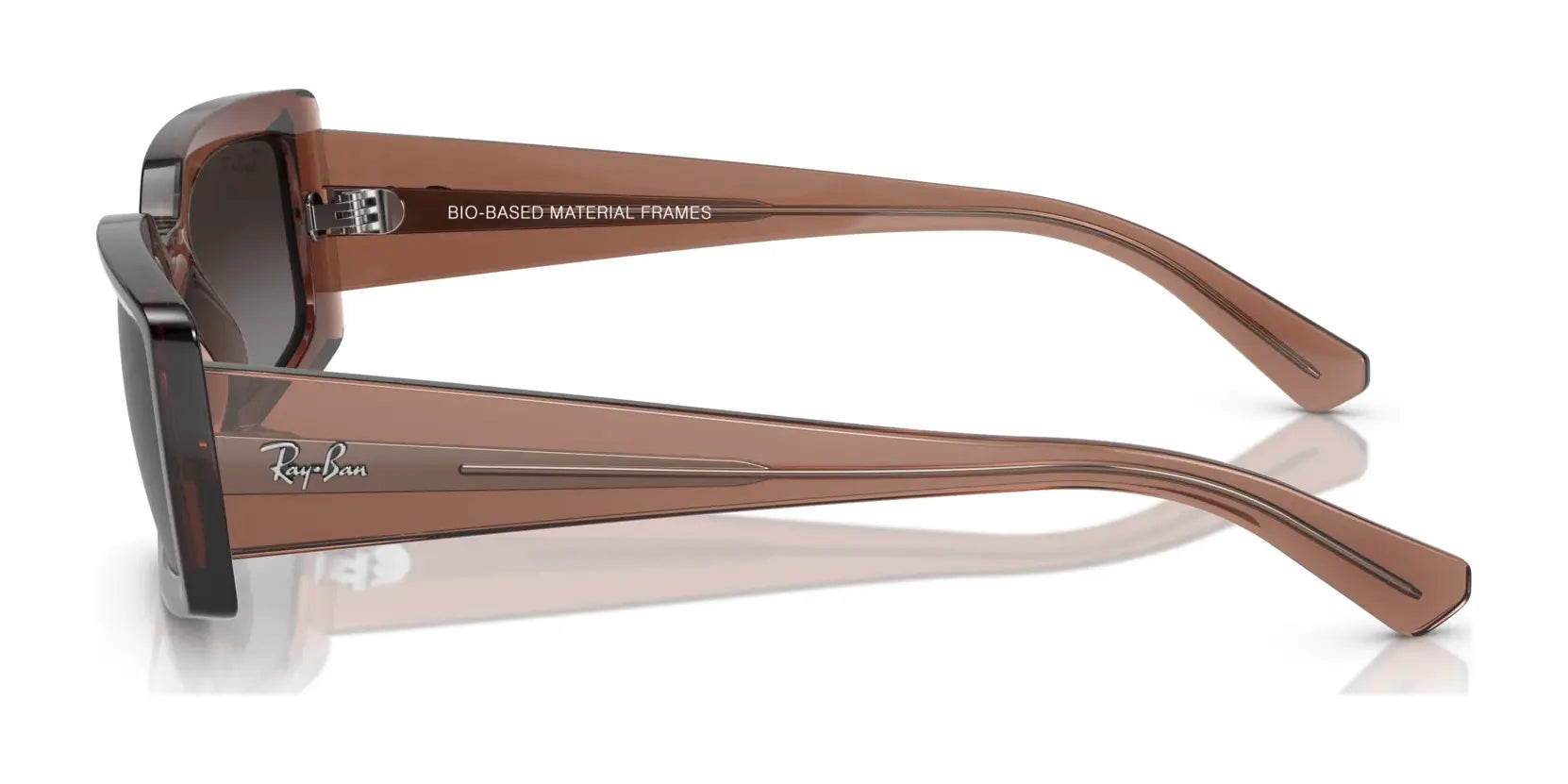 Side view of Ray-Ban KILIANE RB4395 sunglasses in brown, crafted with bio-based acetate frames featuring UV protection, set against a white background. Size 54.