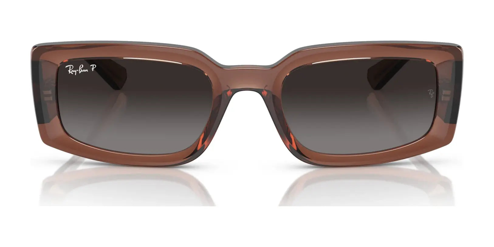 The Ray-Ban KILIANE RB4395 Sunglasses, size 54, feature brown square frames made of bio-based acetate with dark tinted lenses offering excellent UV protection. They blend style and sustainability against a white backdrop.