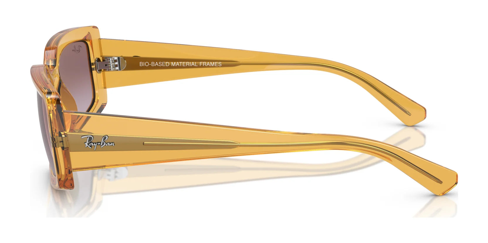 Side view of transparent amber Ray-Ban KILIANE RB4395 Sunglasses, Size 54, with "Bio-Based Material Frames" on the inside arm, crafted from bio-based acetate and providing UV protection.