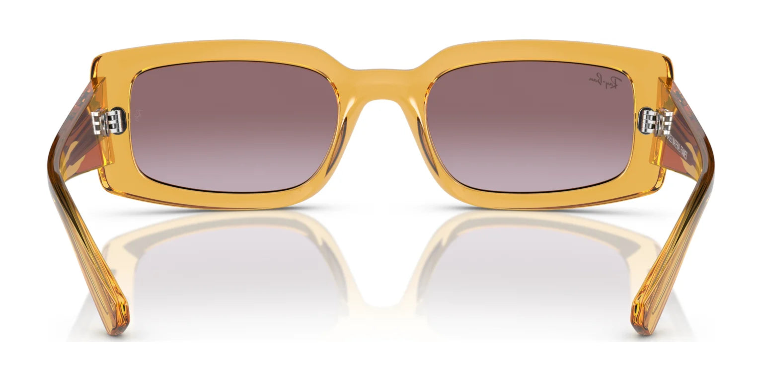 The Ray-Ban KILIANE RB4395 Sunglasses in size 54 showcase a yellow rectangular design with brown tinted lenses, sleek partially transparent bio-based acetate frames, and UV protection for eye safety.