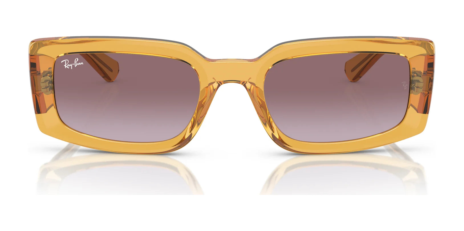 Embrace the classic look of Ray-Ban KILIANE RB4395 Sunglasses in size 54, featuring bio-based acetate rectangular frames in transparent amber with sleek gray gradient lenses for a sophisticated style and essential UV protection.