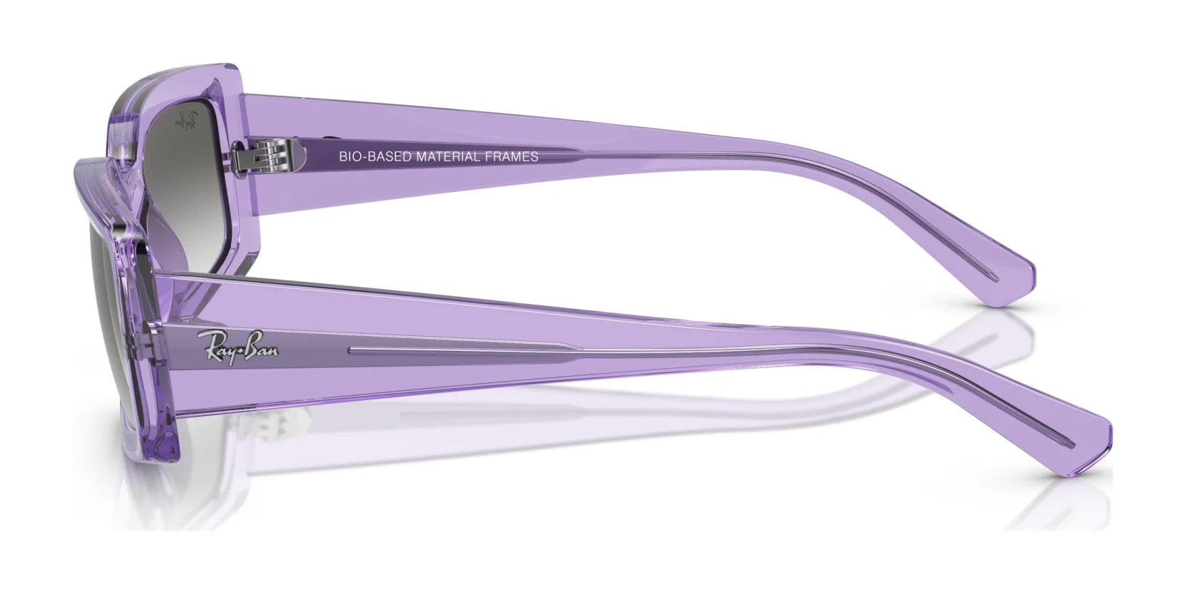 Side view of the Ray-Ban KILIANE RB4395 Sunglasses, Size 54, showcasing translucent purple bio-based acetate frames with a logo on the arm, providing essential UV protection.