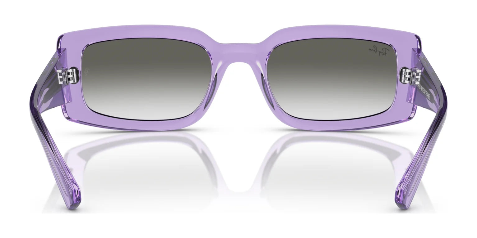 Front view of rectangular Ray-Ban KILIANE RB4395 sunglasses in purple, size 54, featuring gradient lenses crafted from bio-based acetate for eco-friendly style and superior UV protection.