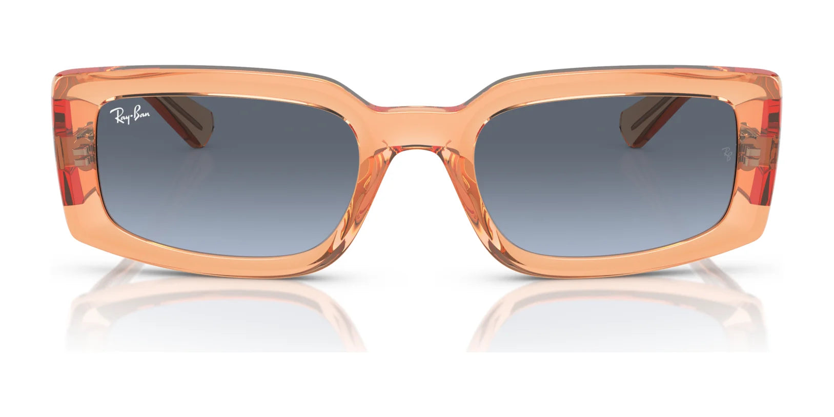 The Ray-Ban KILIANE RB4395 Sunglasses feature a rectangular shape with orange bio-based acetate frames and dark lenses, viewed from the front.