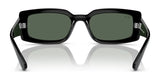 Ray-Ban KILIANE RB4395F sunglasses boast a sleek black rectangular frame with dark green lenses, set elegantly on a reflective white surface.