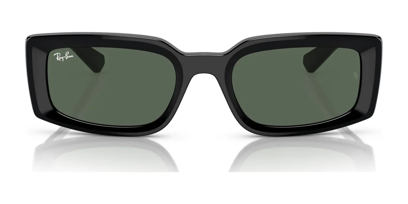 The Ray-Ban KILIANE RB4395F sunglasses, size 54, showcase luxury with sleek black rectangular frames and dark lenses against a white background.