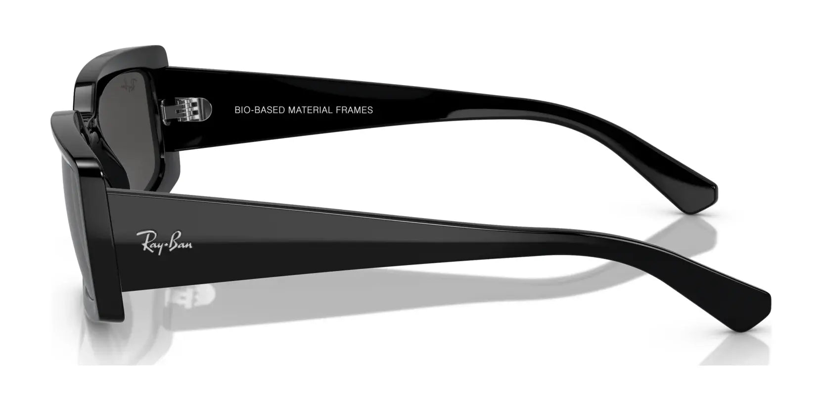 The Ray-Ban KILIANE RB4395F Sunglasses Size 54 feature black frames made from bio-based materials, embodying luxurious style when viewed from the side.