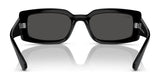 Elegant Ray-Ban KILIANE RB4395F sunglasses, size 54, feature a rectangular black design with dark lenses and are viewed resting on a reflective surface from the front.