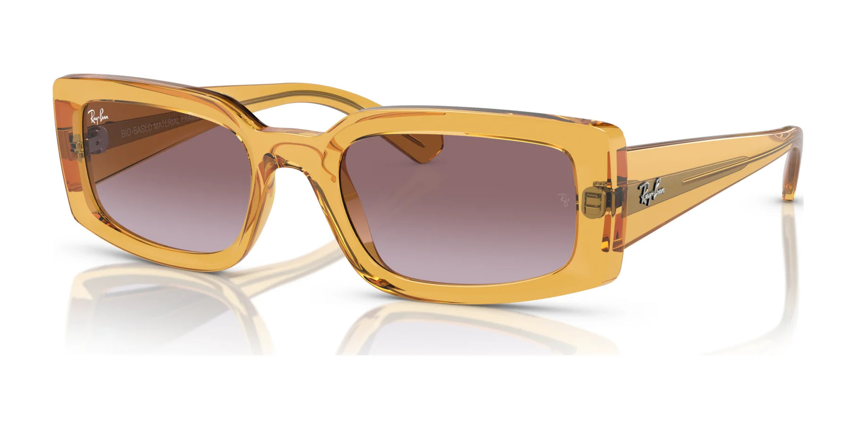 The Ray-Ban KILIANE RB4395F Sunglasses in transparent yellow exude luxury with their bold rectangular design and tinted lenses, featuring a signature logo on the temples.