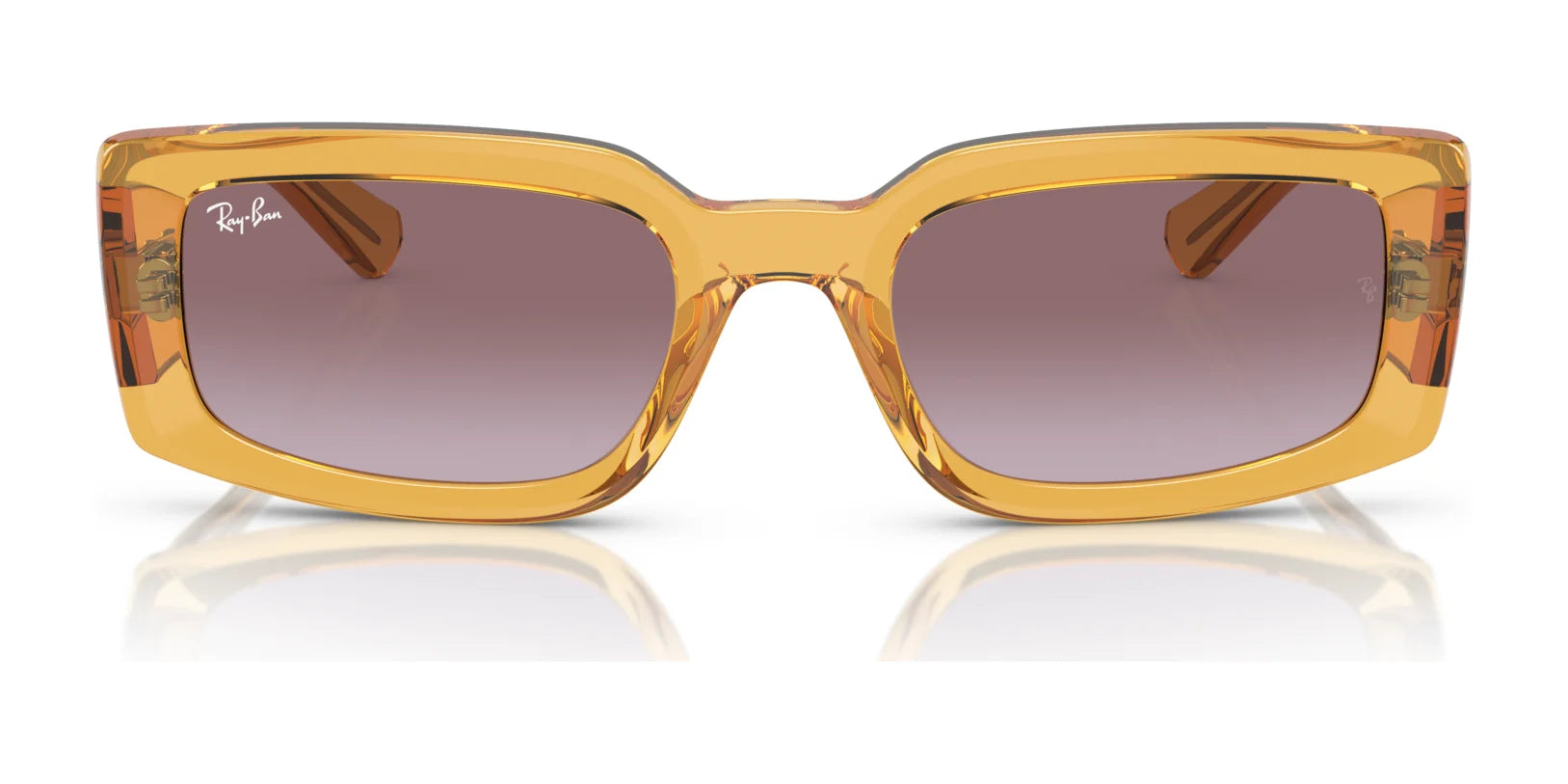 The Ray-Ban KILIANE RB4395F sunglasses, size 54, combine style and function with rectangular amber frames, dark lenses, and a reflective surface below.