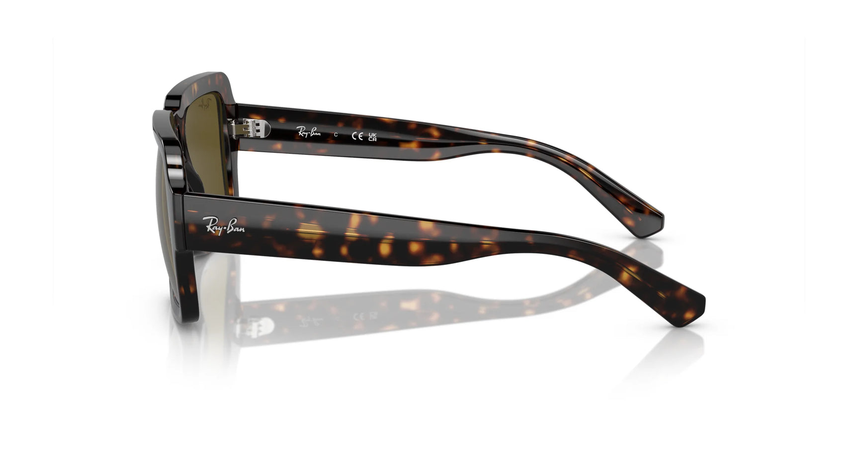 A side-view of Ray-Ban MAGELLAN RB4408 sunglasses showcases tortoiseshell frames, dark lenses, and a logo on the arm. Made from bio-based acetate for eco-friendliness and superior UV protection, they are reflected on a white surface.