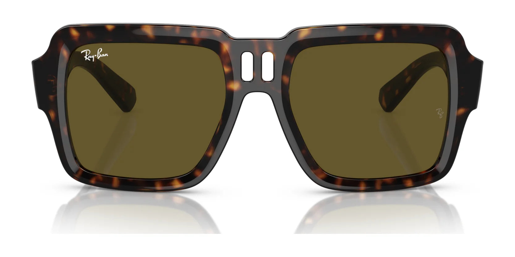 Tortoiseshell rectangular Ray-Ban MAGELLAN RB4408 sunglasses with green lenses, crafted from bio-based acetate, featuring the logo on the top left corner.