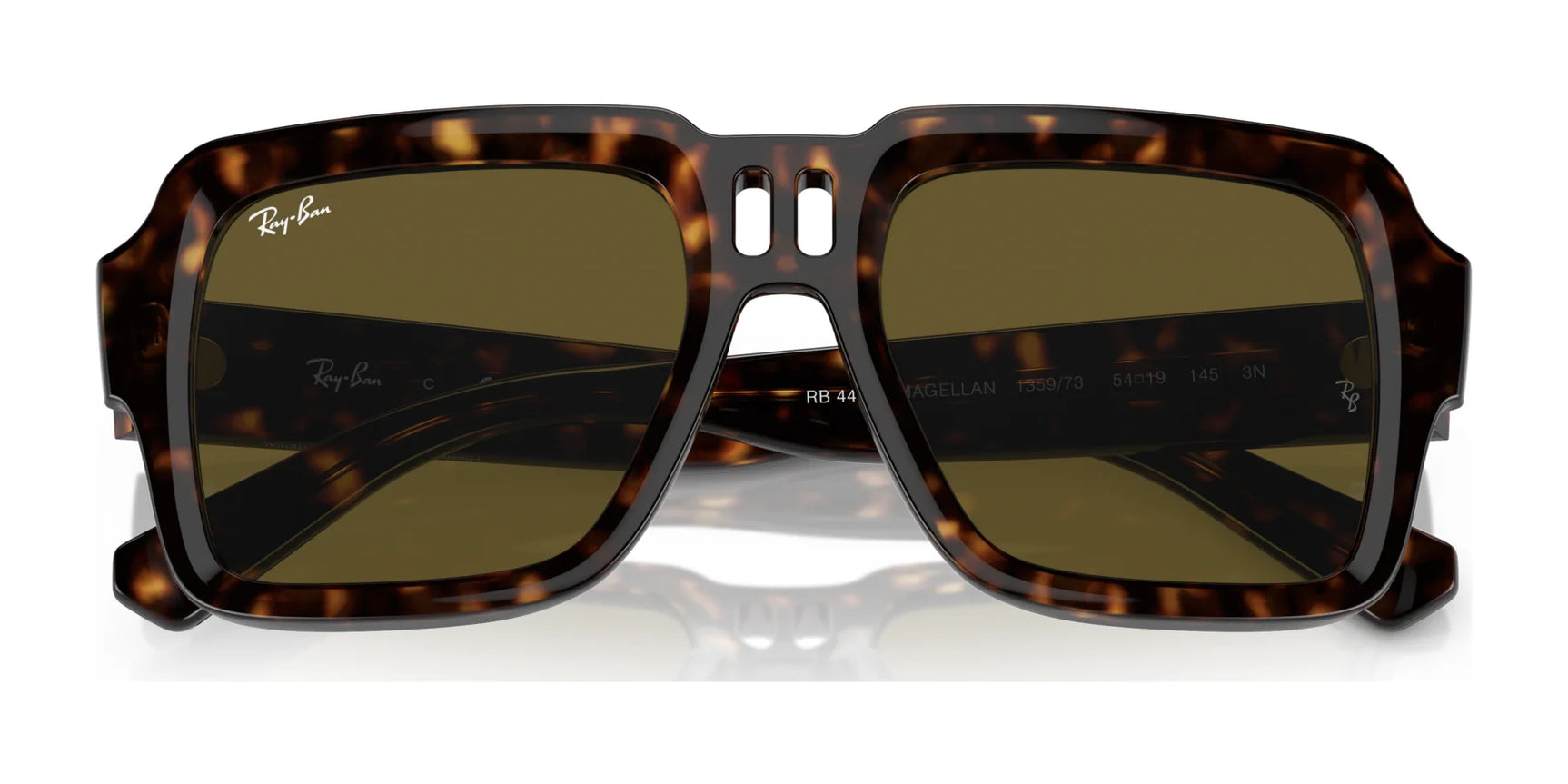 The Ray-Ban MAGELLAN RB4408 Sunglasses, Size 54, have a rectangular tortoiseshell frame made from bio-based acetate, dark lenses, and a distinctive bridge, offering outstanding UV protection with style.