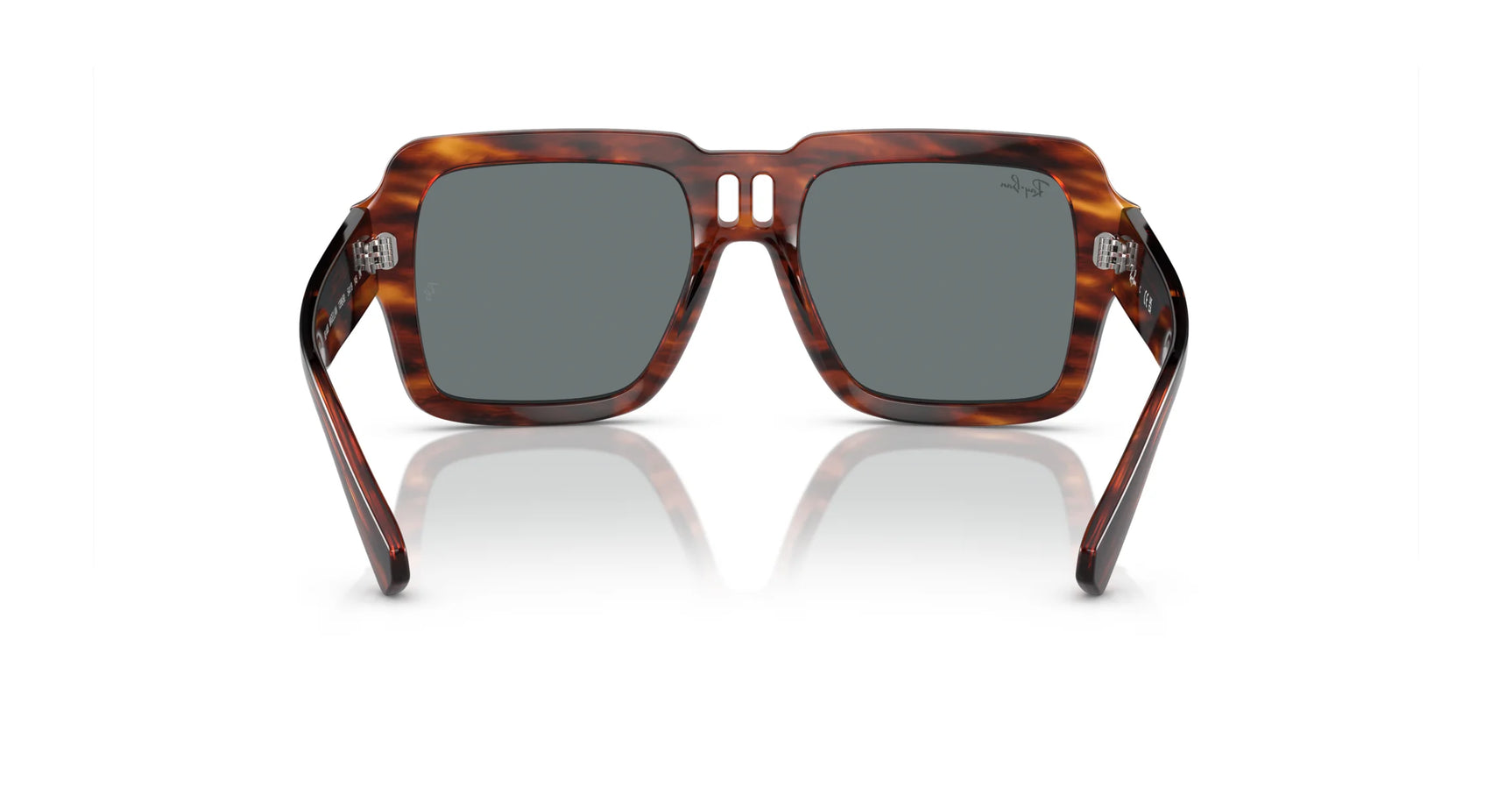 The Ray-Ban MAGELLAN RB4408 Sunglasses (Size 54) are tortoiseshell square shades with dark lenses made from bio-based acetate, providing style and UV protection, beautifully showcased on a reflective surface.