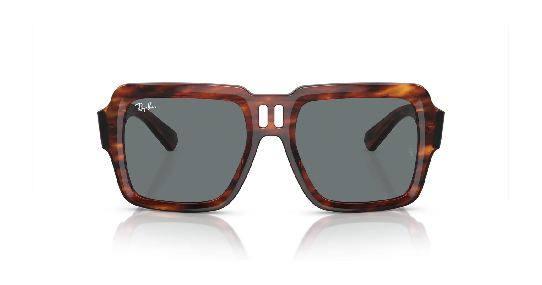 The Ray-Ban MAGELLAN RB4408 Sunglasses in size 54 feature square tortoiseshell frames made from bio-based acetate with dark lenses offering UV protection and a subtle logo on the left lens, epitomizing timeless Ray-Ban style.