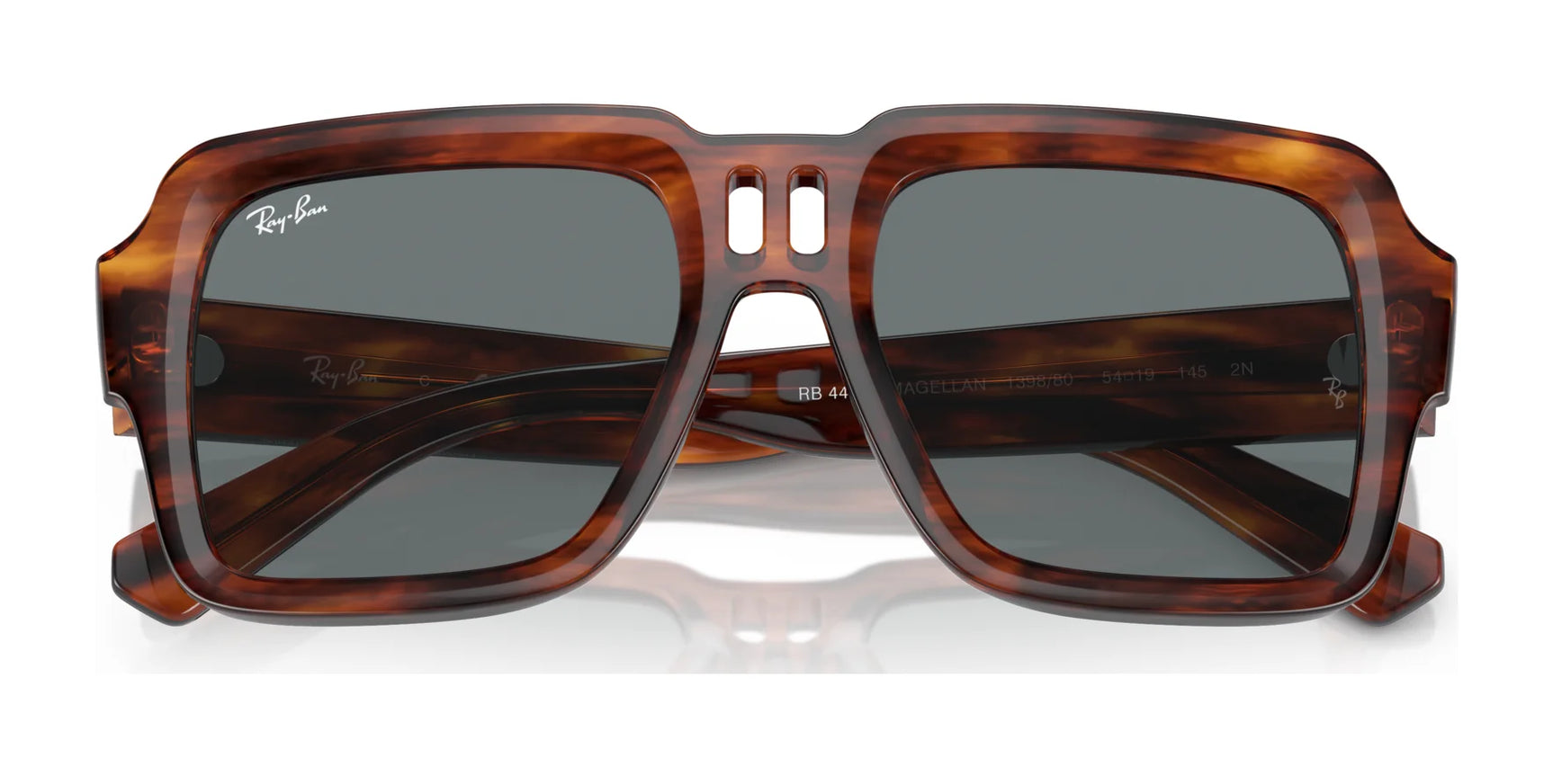 Ray-Ban MAGELLAN RB4408 Sunglasses, Size 54, feature a rectangular tortoiseshell design with dark lenses made of bio-based acetate, a prominent bridge, temple logo, and excellent UV protection.