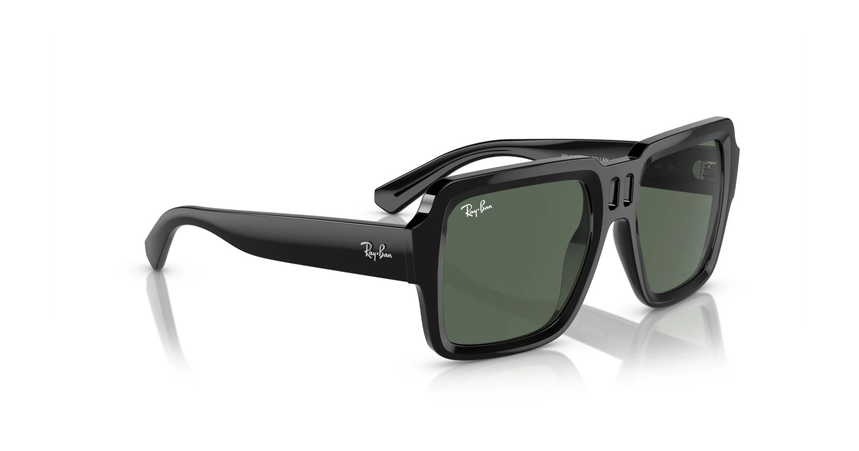 The Ray-Ban MAGELLAN RB4408 sunglasses, size 54, feature black rectangular bio-based acetate frames and reflective green lenses for stylish UV protection.