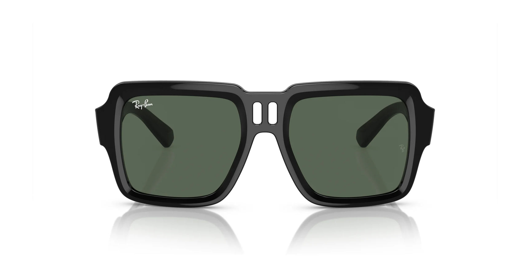 Ray-Ban MAGELLAN RB4408 Sunglasses in black feature dark green UV-protective lenses on a white background, made from eco-friendly bio-based acetate.