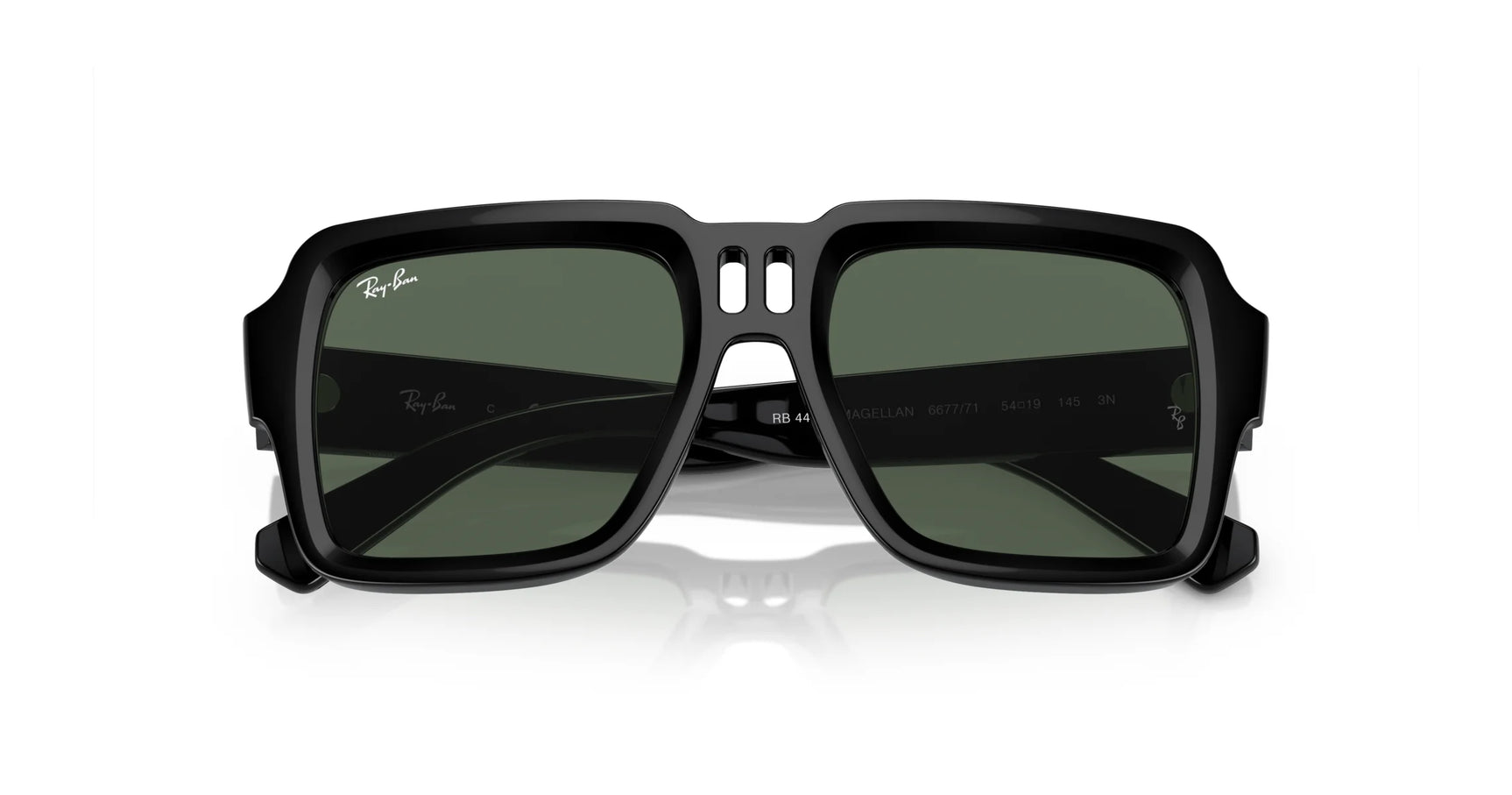 Discover Ray-Ban MAGELLAN RB4408 Sunglasses, Size 54. These stylish rectangular black shades showcase bio-based acetate frames with green UV-protective lenses, a unique double bridge, and the iconic Ray-Ban logo on the top left lens.