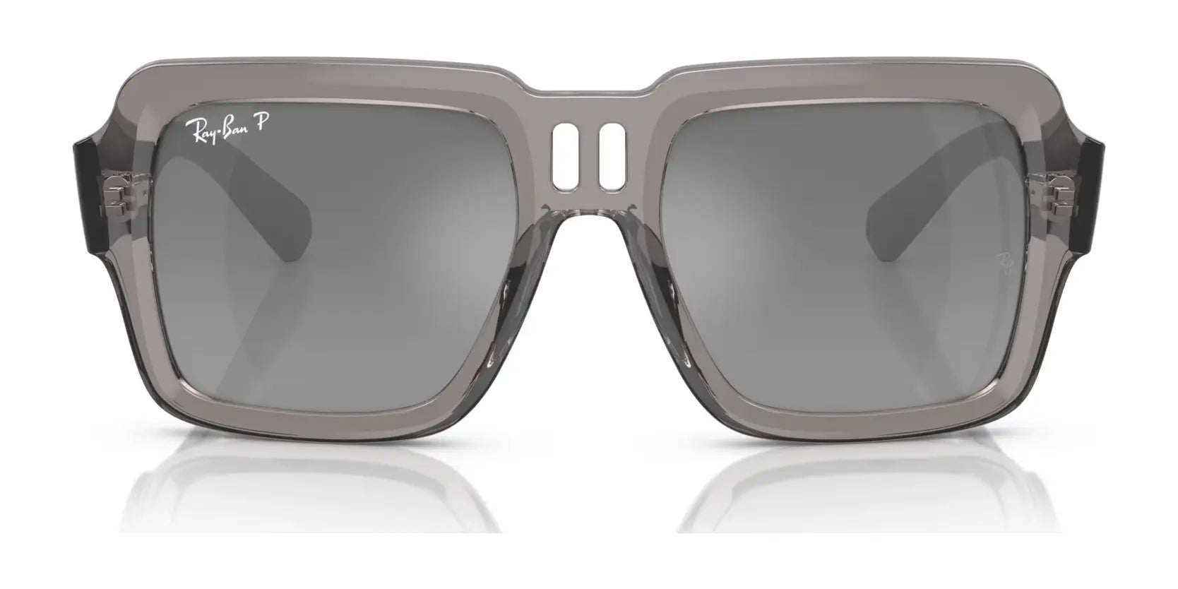 The Ray-Ban MAGELLAN RB4408 Sunglasses feature gray rectangular frames made from bio-based acetate and tinted lenses offering UV protection, with a logo in the upper left corner.