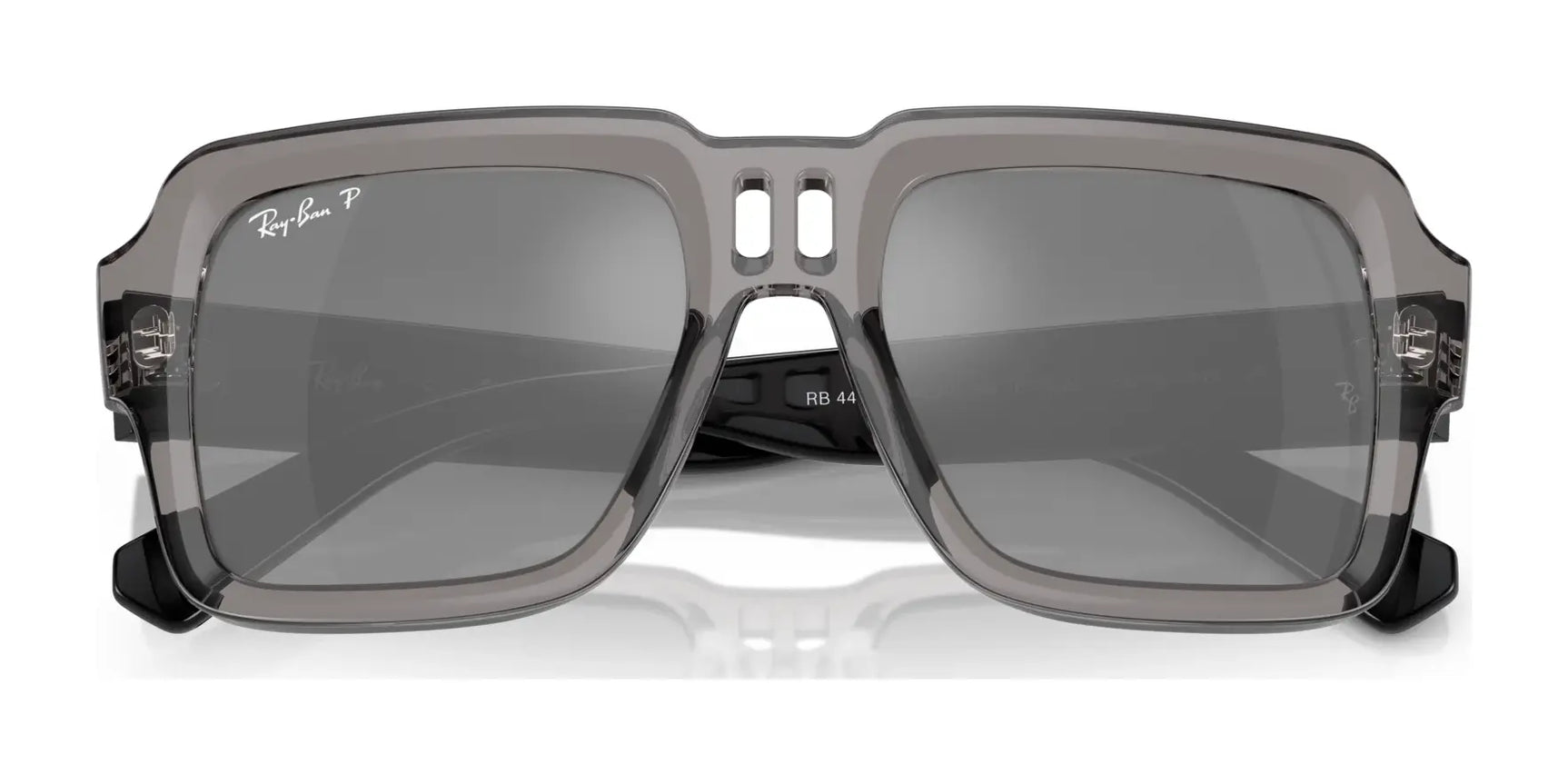 The Ray-Ban MAGELLAN RB4408 Sunglasses, size 54, feature a gray square frame made from bio-based acetate with a double bridge and black temples. They include polarized lenses for enhanced clarity and UV protection, combining style with sustainability.