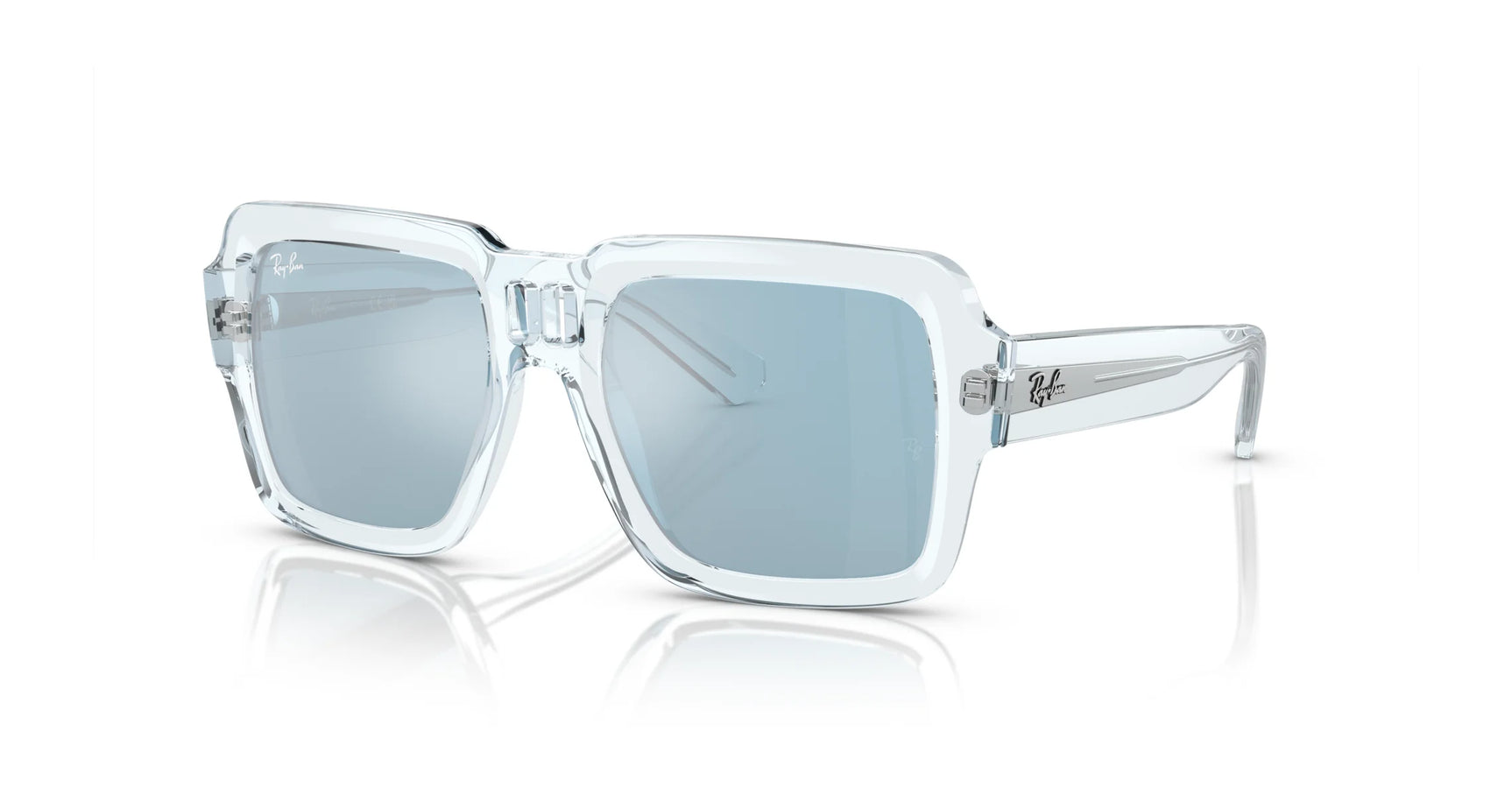 The Ray-Ban MAGELLAN RB4408 Sunglasses, size 54, feature transparent light blue square frames made from bio-based acetate and tinted blue reflective lenses with UV protection, shown against a white background.