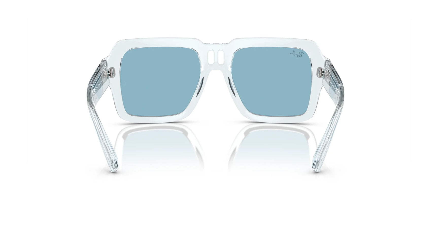 The Ray-Ban MAGELLAN RB4408 sunglasses feature transparent frames with blue lenses and are made from sustainable bio-based acetate. These rectangular shades provide optimal UV protection and have a striking front view. Size 54.