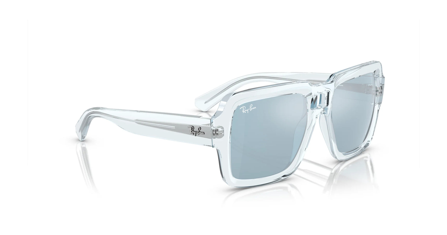 Ray-Ban MAGELLAN RB4408 Sunglasses feature clear frames and reflective square lenses made from bio-based acetate for stylish UV protection. Available in size 54 on a white background.