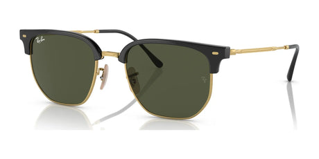 The Ray-Ban NEW CLUBMASTER RB4416 sunglasses feature stylish black and gold frames with green lenses, providing UV protection against the sun's rays on a crisp white background.