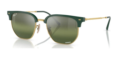 Ray-Ban NEW CLUBMASTER RB4416 sunglasses in green and gold feature square frames, tinted lenses, and UV protection, all on a white background.