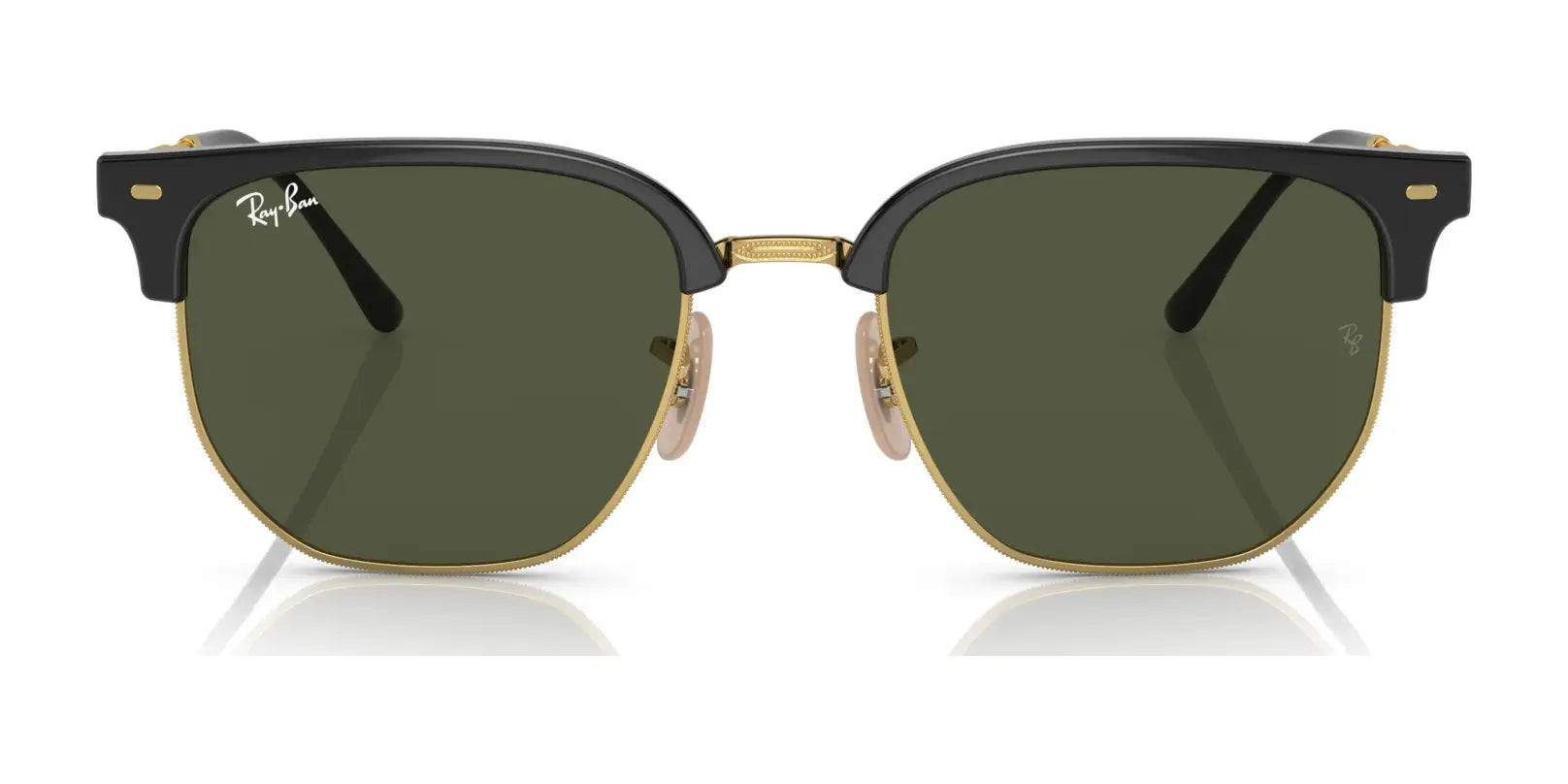 These Ray-Ban NEW CLUBMASTER RB4416F Sunglasses in size 55 feature classic black and gold frames with green polarized lenses.