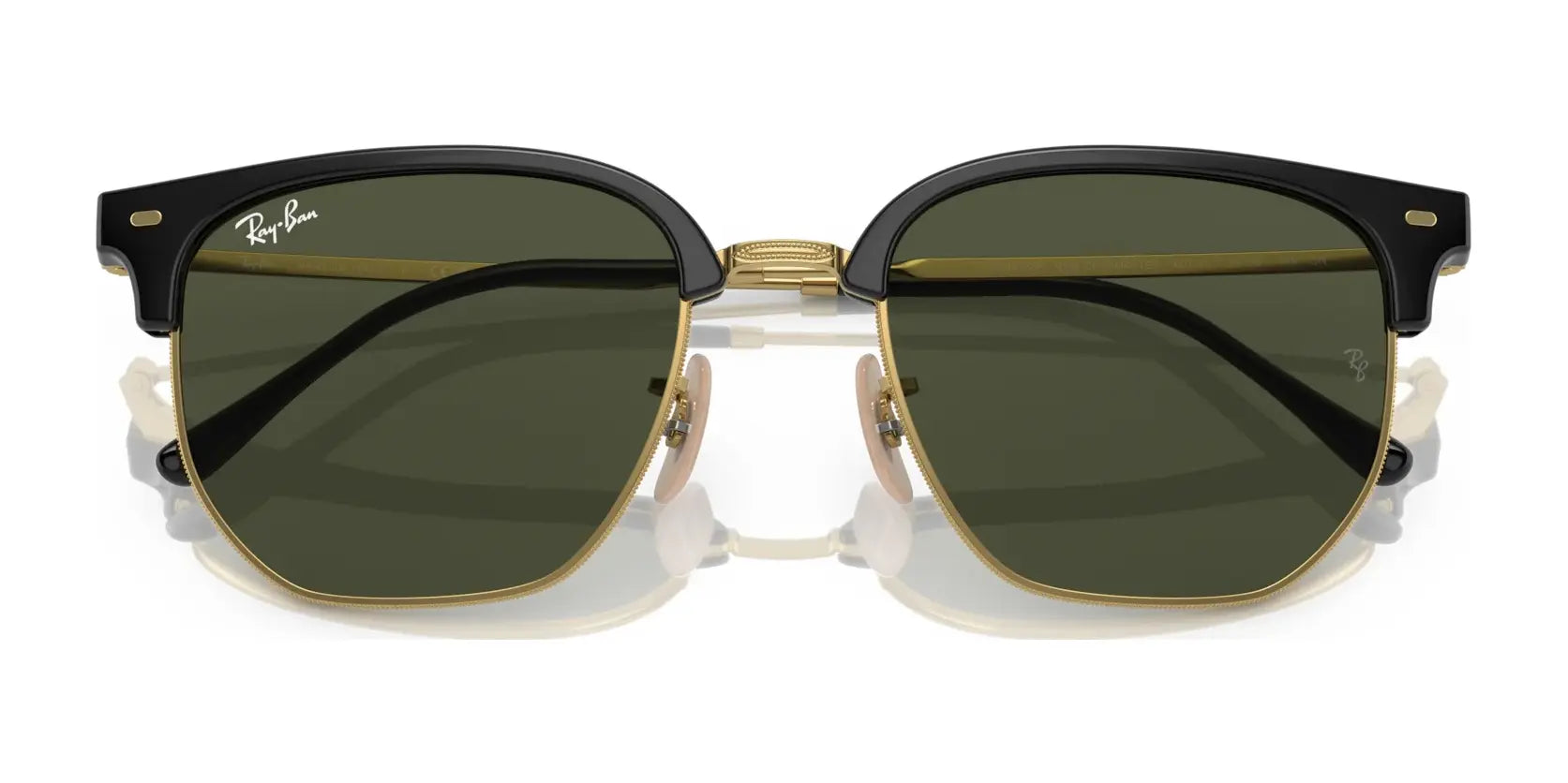 Ray-Ban's NEW CLUBMASTER RB4416F Sunglasses in size 55 showcase a chic black and gold frame with classic green polarized lenses, viewed from the front.