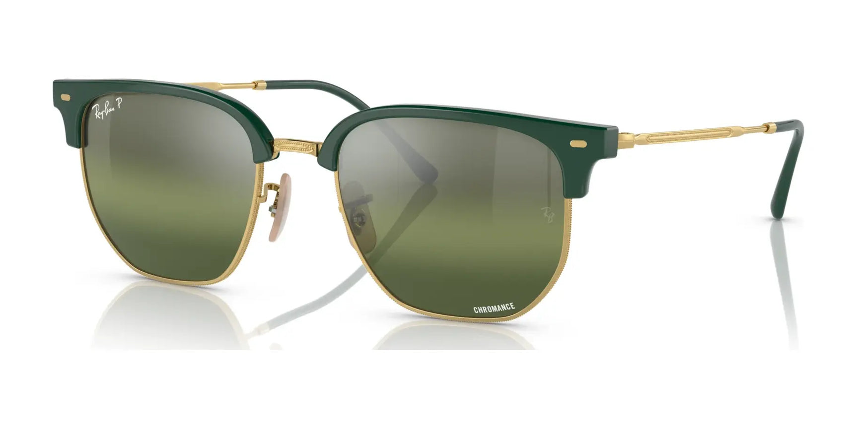 Ray-Ban NEW CLUBMASTER RB4416F sunglasses in green and gold come with polarized reflective lenses and thin, detailed arms. Size 55.