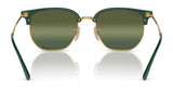 The Ray-Ban NEW CLUBMASTER RB4416F Sunglasses, size 55, feature a green and gold design with polarized, reflective lenses for a stylish front look.