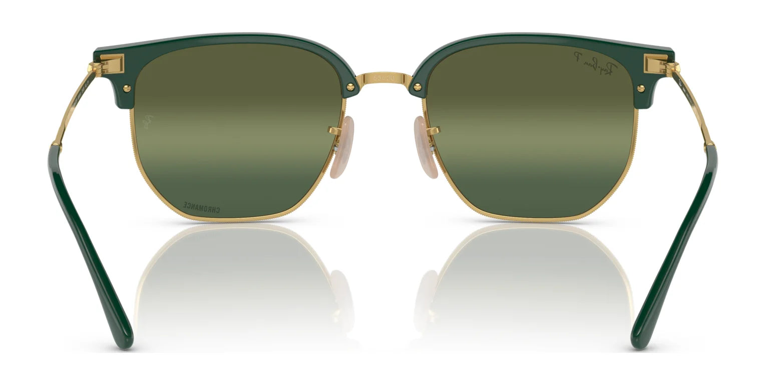 The Ray-Ban NEW CLUBMASTER RB4416F Sunglasses, size 55, feature a green and gold design with polarized, reflective lenses for a stylish front look.